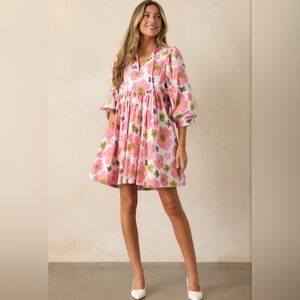 NWT Spring Soirée Cotton Ivory And Pink Floral Mini Dress